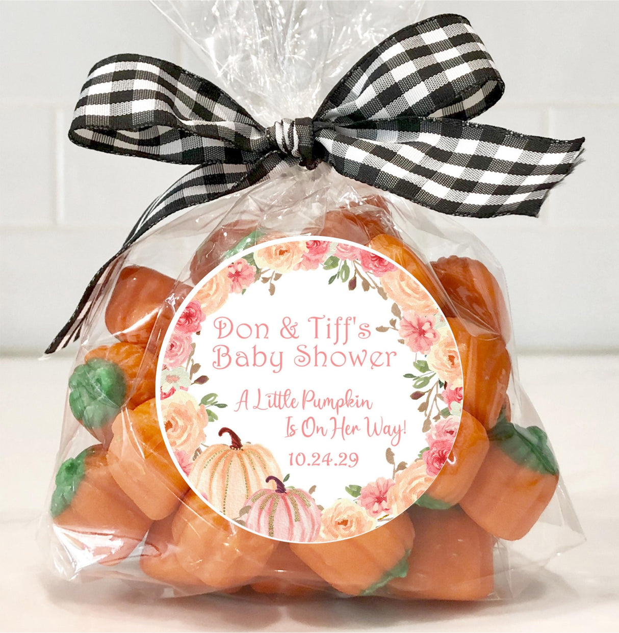orange pumpkin baby shower sticker with gold glitter floral border