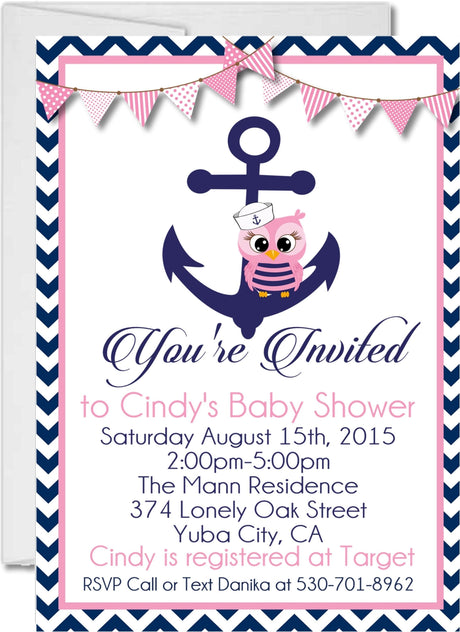 owl nautical baby shower invitations pink navy anchor design