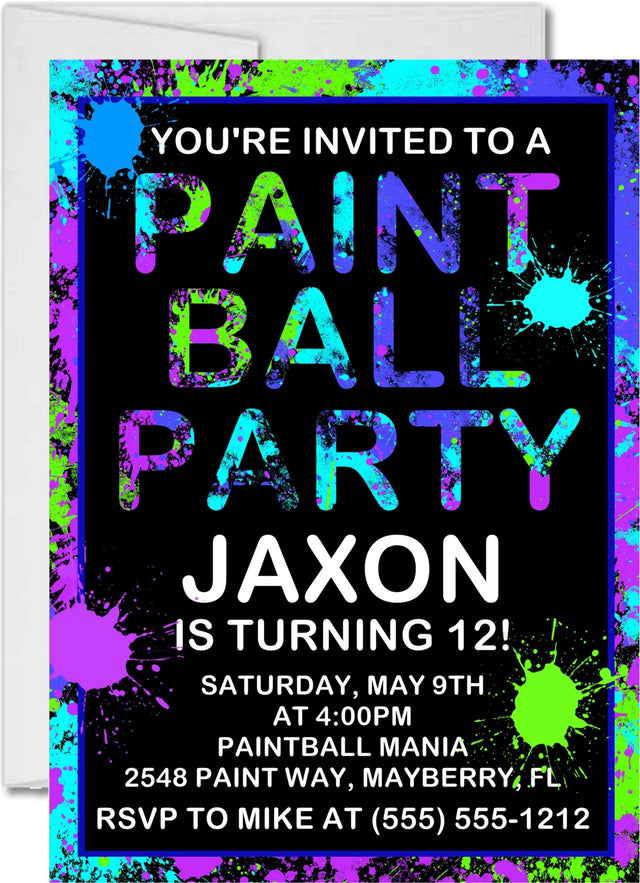 paintball party invitations neon paint splatter design