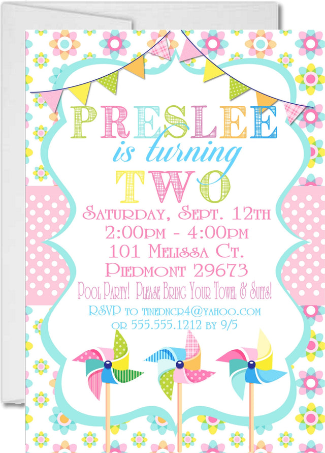 pastel pinwheel birthday invitations spring party theme