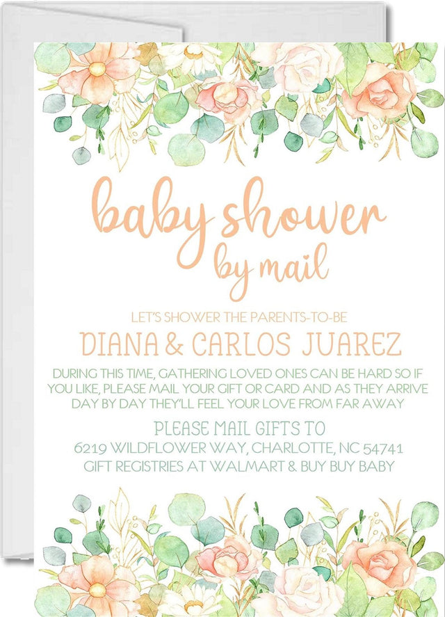 peach floral baby shower by mail invitations watercolor botanical design