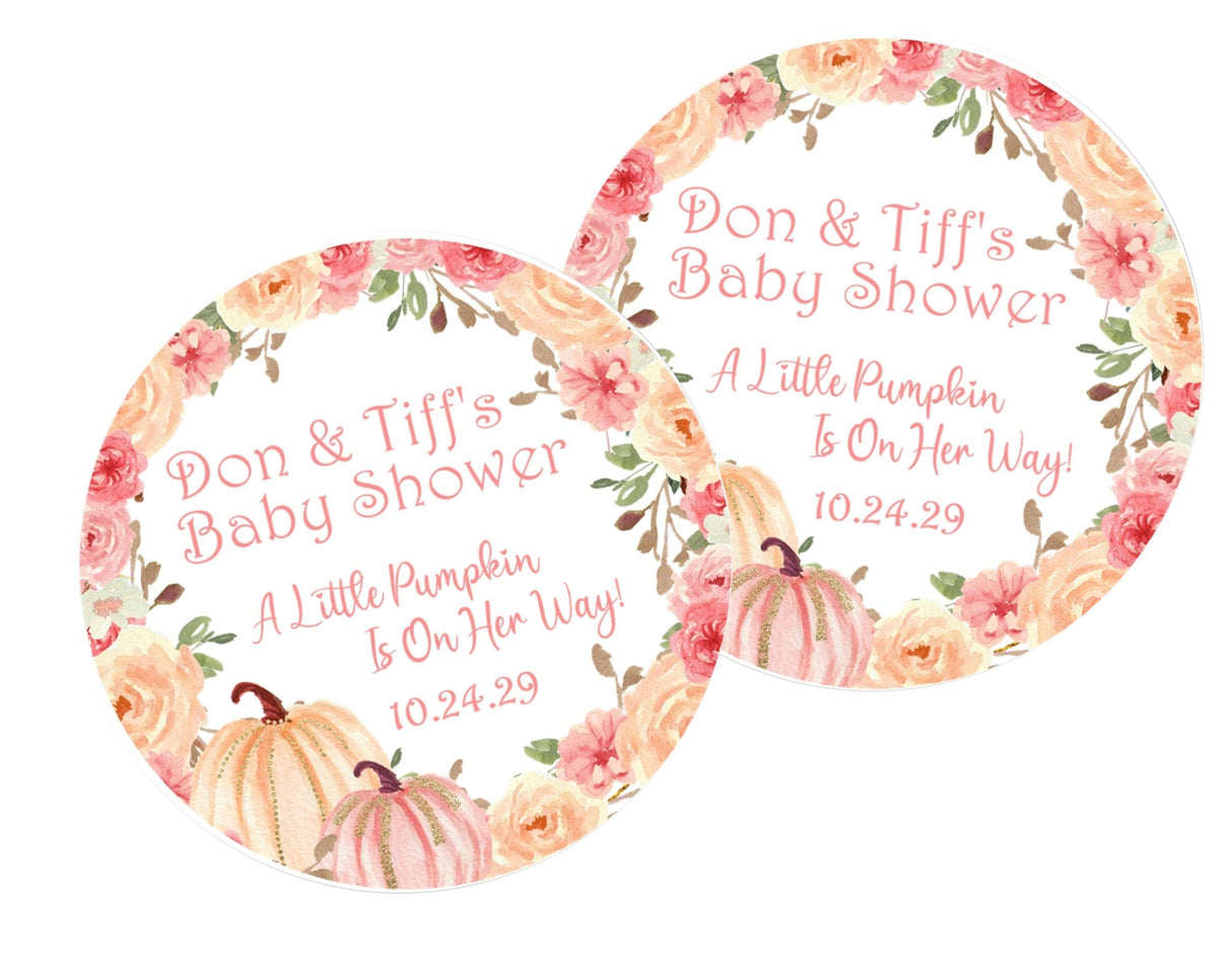 peach pumpkin baby shower sticker with gold glitter floral border