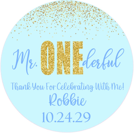 personalized blue and gold 1st birthday favor labels
