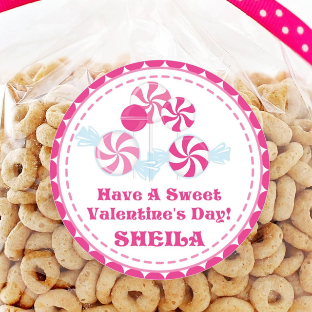personalized candy valentine sticker with pink peppermint candies