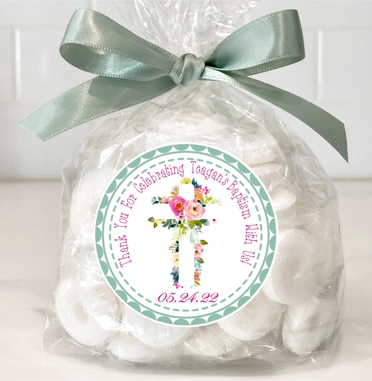 personalized green baptism sticker with cross and florals