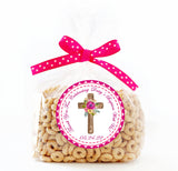 personalized pink baptism sticker with wood cross and flowers