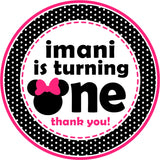pink and black birthday favor sticker with bold one text