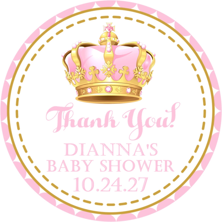 pink and gold crown baby shower sticker with princess theme and thank you message