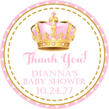pink and gold crown baby shower sticker with princess theme and thank you message
