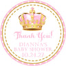 pink and gold crown baby shower sticker with princess theme and thank you message