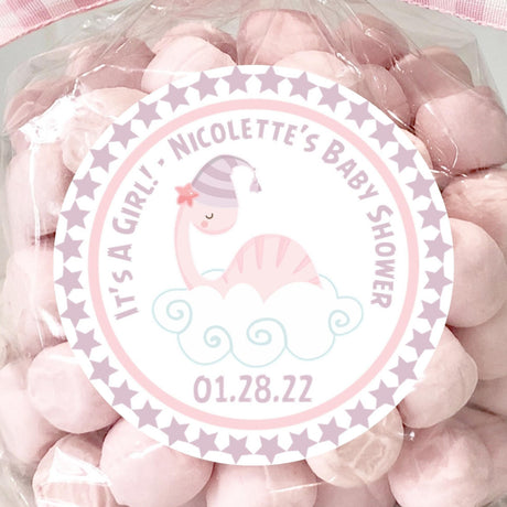 pink and lavender dinosaur baby shower sticker with cloud design