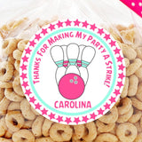 pink aqua bowling birthday sticker with pins and ball