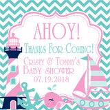 pink aqua nautical baby shower sticker with lighthouse sailboat and whale design