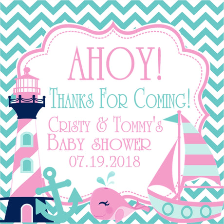 pink aqua nautical baby shower sticker with lighthouse sailboat and whale design