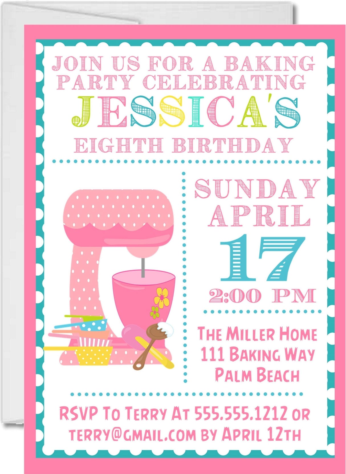 pink baking party invitations bake shop theme