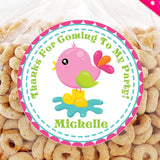 pink bird birthday sticker with teal and yellow accents