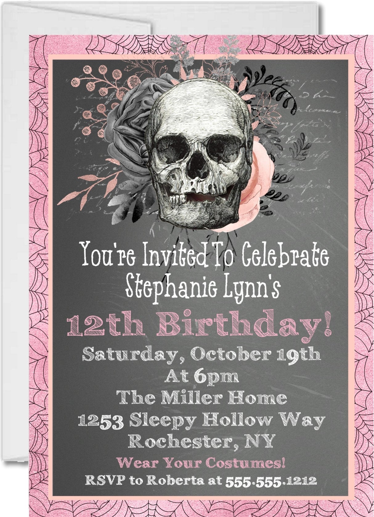 pink black gothic skull birthday invitations spooky alternative theme