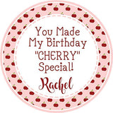 pink cherry party sticker with classic typography and fruit theme