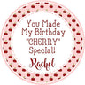 pink cherry party sticker with classic typography and fruit theme
