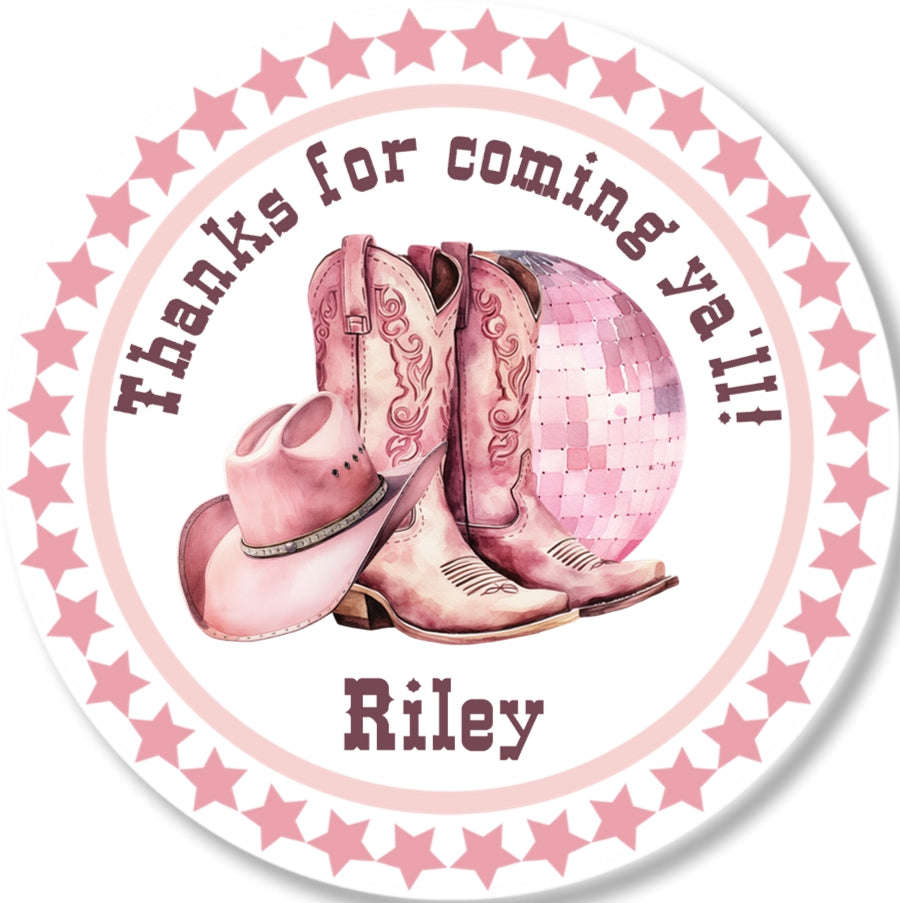 pink cowgirl theme favor sticker with boots illustration and personalized text