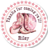 pink cowgirl theme favor sticker with boots illustration and personalized text