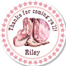 pink cowgirl theme favor sticker with boots illustration and personalized text