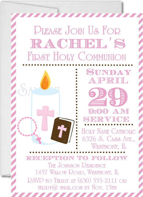 pink first communion invitations featuring communion host and candle design