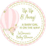 pink floral hot air balloon baby shower sticker with up up and away baby girl theme