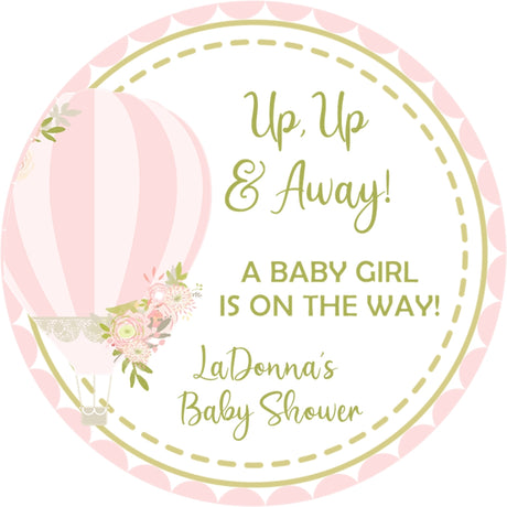 pink floral hot air balloon baby shower sticker with up up and away baby girl theme