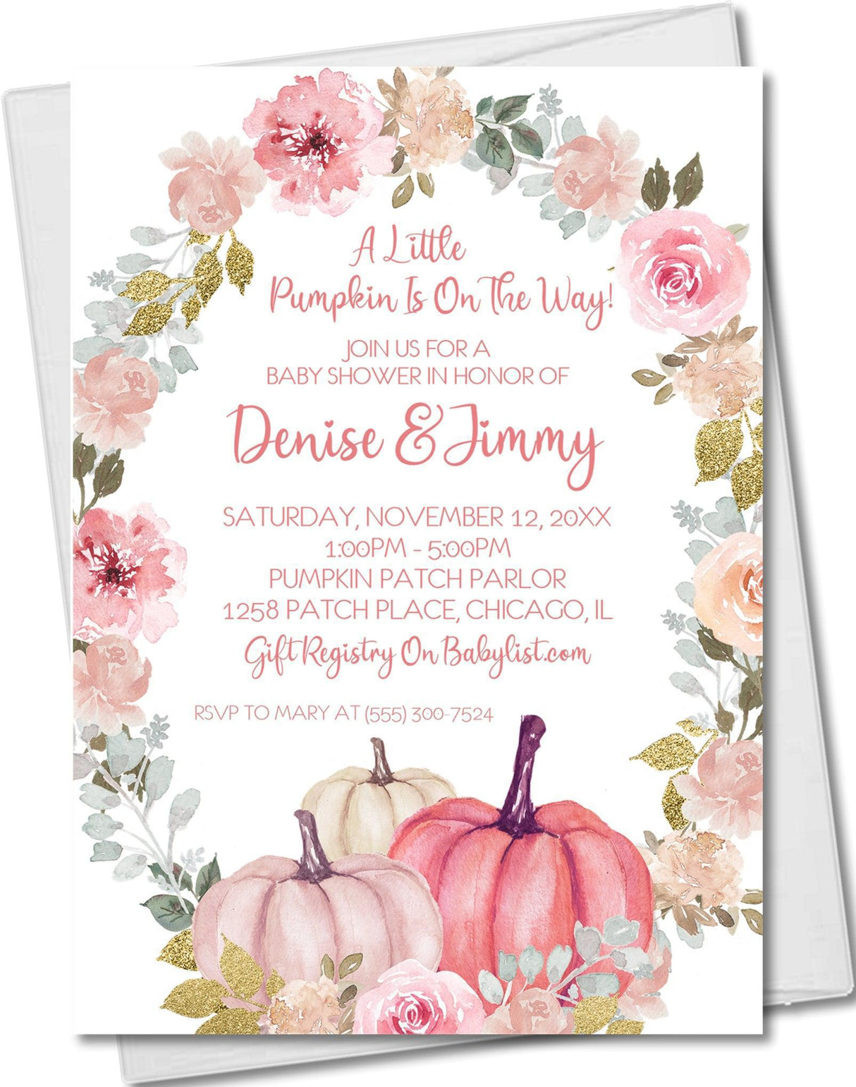 pink floral pumpkin invitation cards elegant seasonal fall style