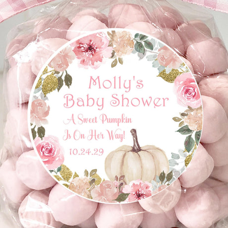 pink floral wreath pumpkin baby shower sticker