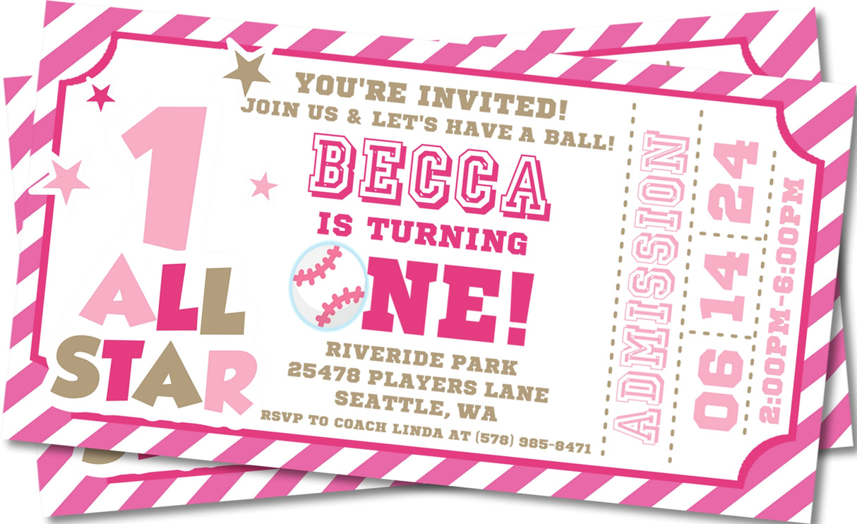 pink girls baseball invitation cards first birthday celebration style