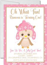 pink girls winter snowflake owl 1st birthday party invitation