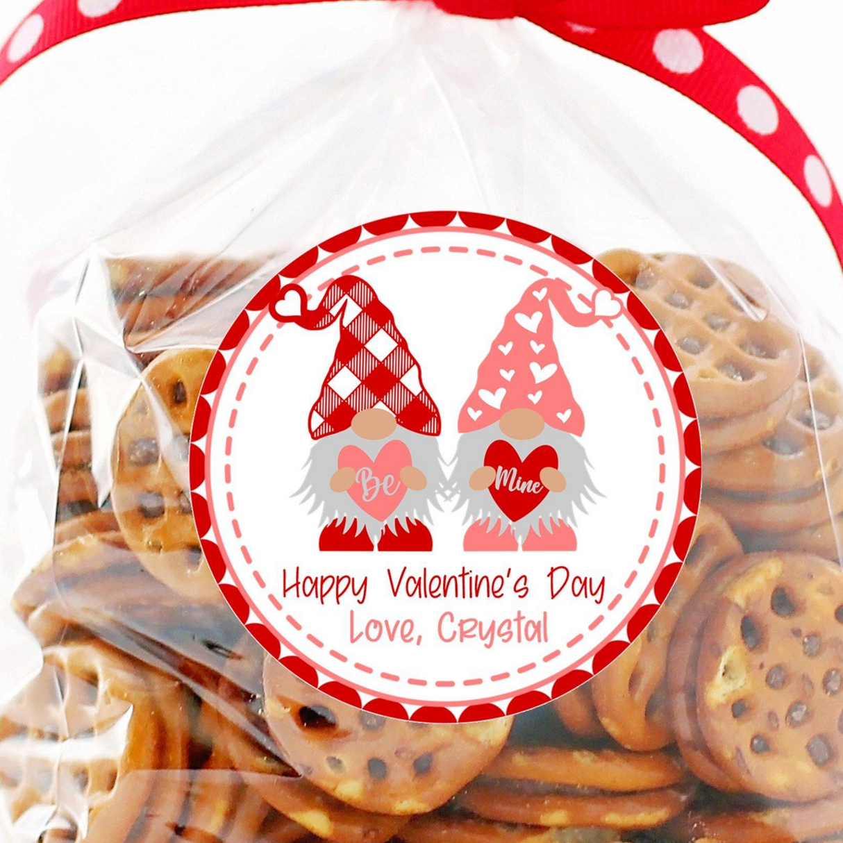 pink gnome valentine stickers with hearts personalized