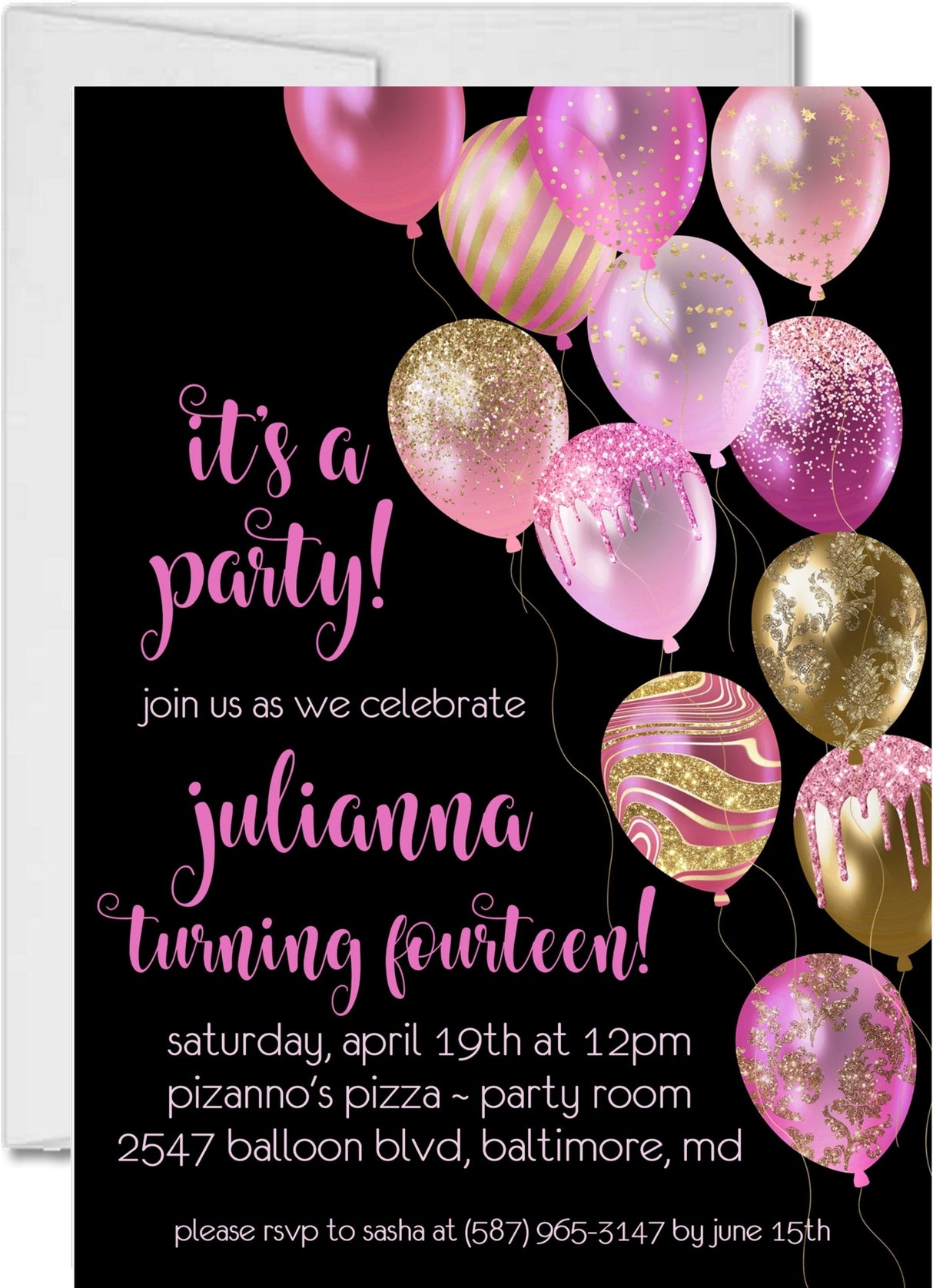pink gold black sweet 16 invitation
