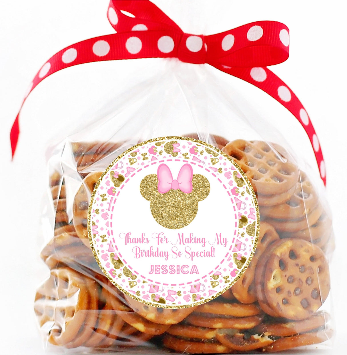 pink gold mouse birthday sticker with bow and glitter head design