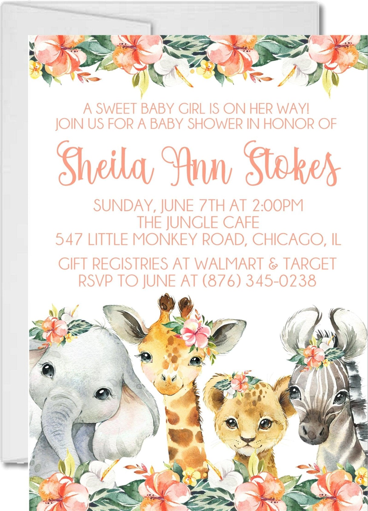 pink jungle animal baby shower invitations floral safari style