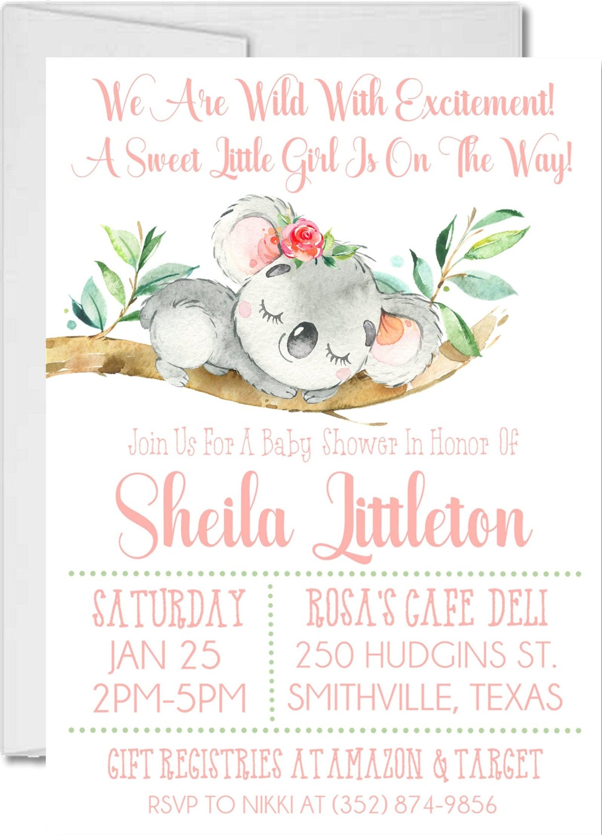 pink koala baby shower invitations floral watercolor design