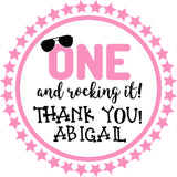 pink one rocking birthday sticker with sunglasses and star border