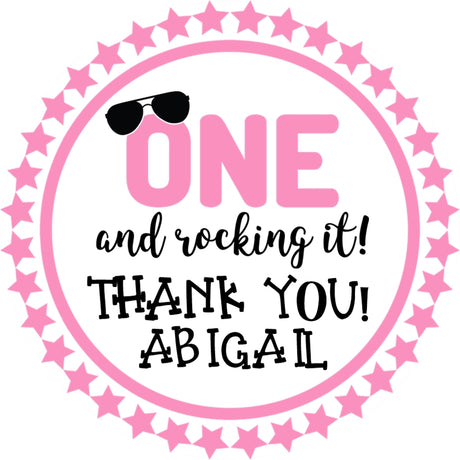 pink one rocking birthday sticker with sunglasses and star border