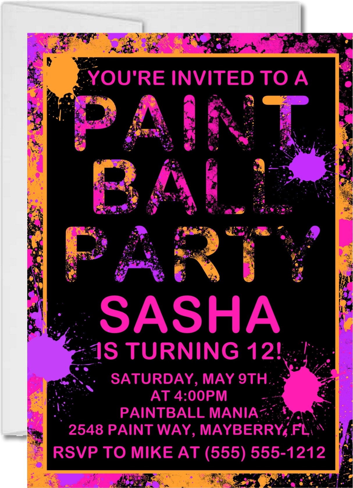 pink orange purple paintball birthday party invitations