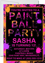 pink orange purple paintball birthday party invitations