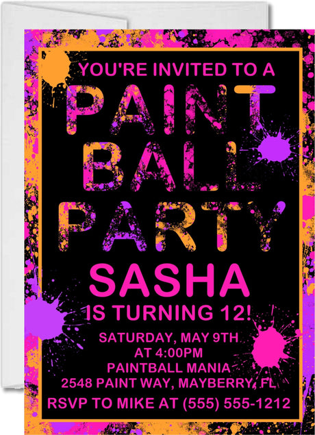 pink orange purple paintball birthday party invitations