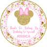 pink patterned birthday sticker with bows hearts and gold accents