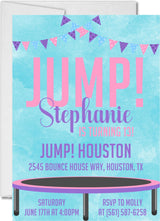 pink purple jump birthday invitations trampoline party theme