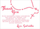 pink rosary first holy communion thank you notes white background