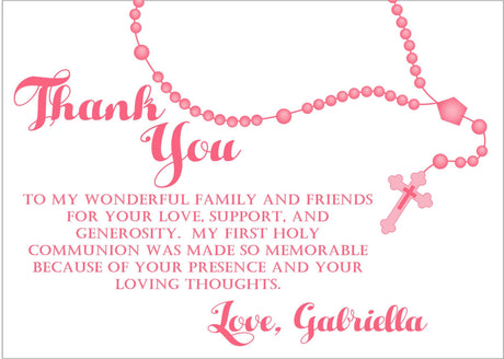 pink rosary first holy communion thank you notes white background