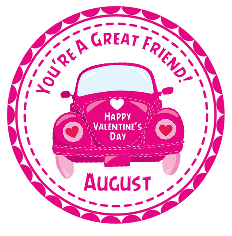 pink vintage car valentines day classroom sticker