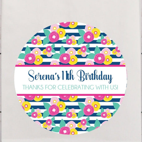 pink yellow navy striped floral birthday sticker