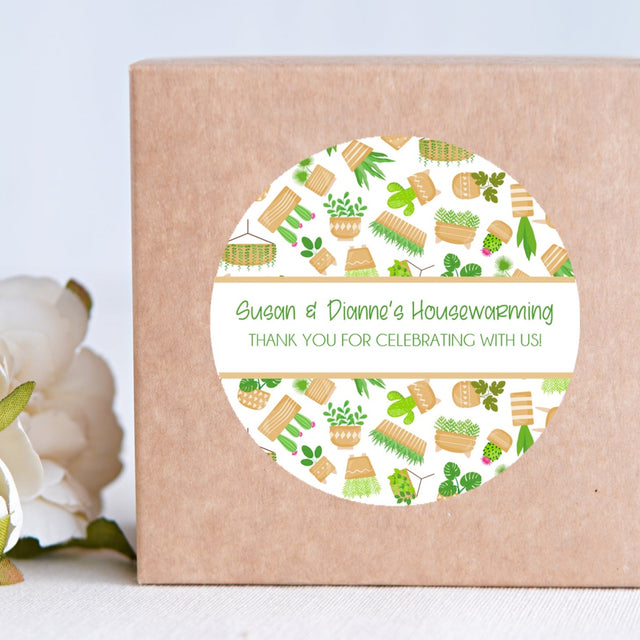 Beige and green housewarming stickers with mini potted plant design